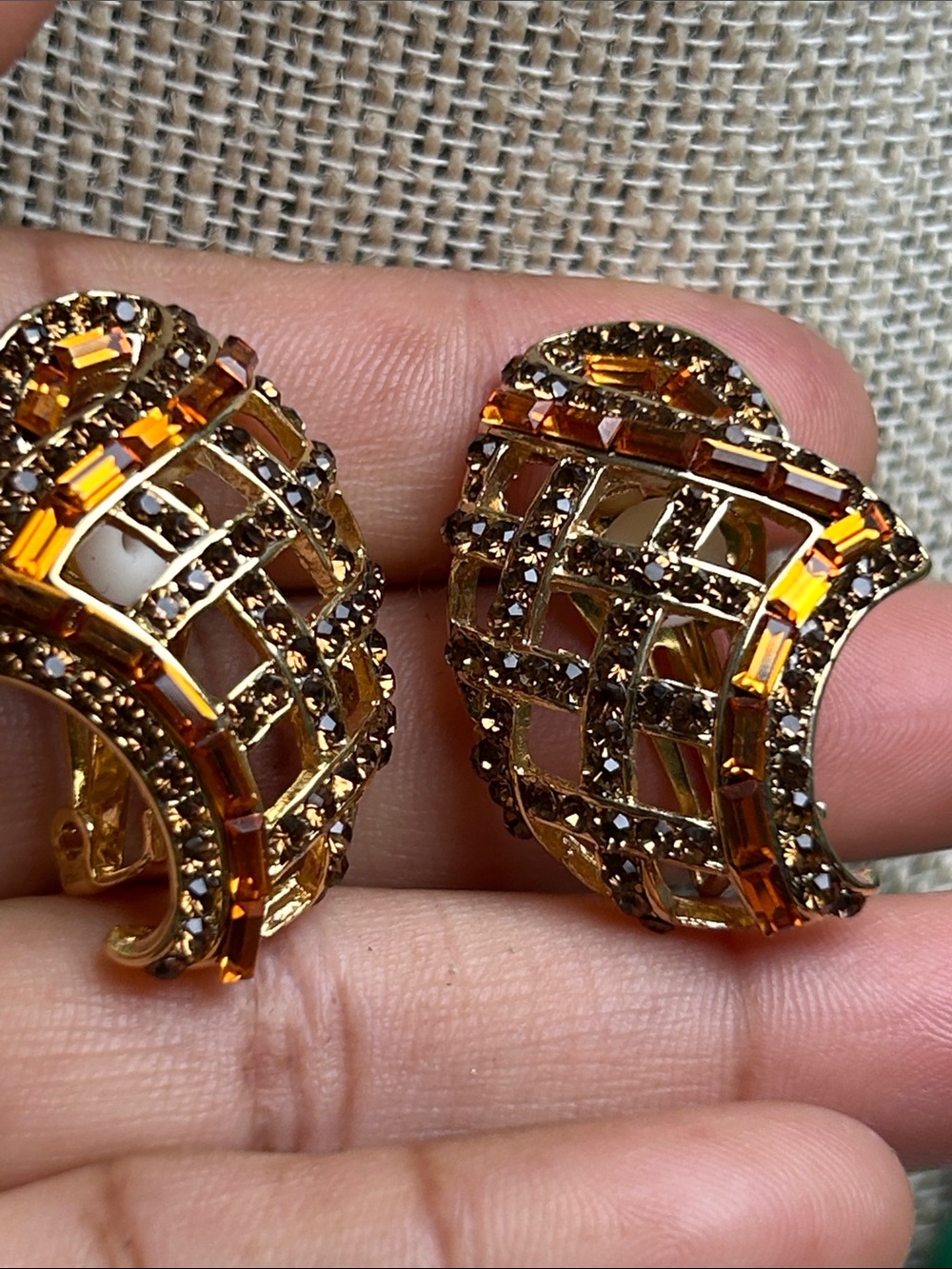 Gold Amber Crystal Lattice Clip-On Earrings
